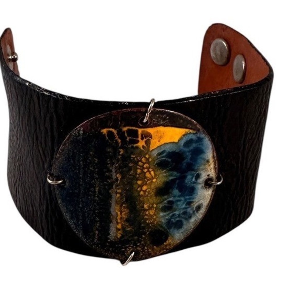 Leighalena Leather Cuff Bracelet Women Black Blue Yellow Excellent Enamel Boho